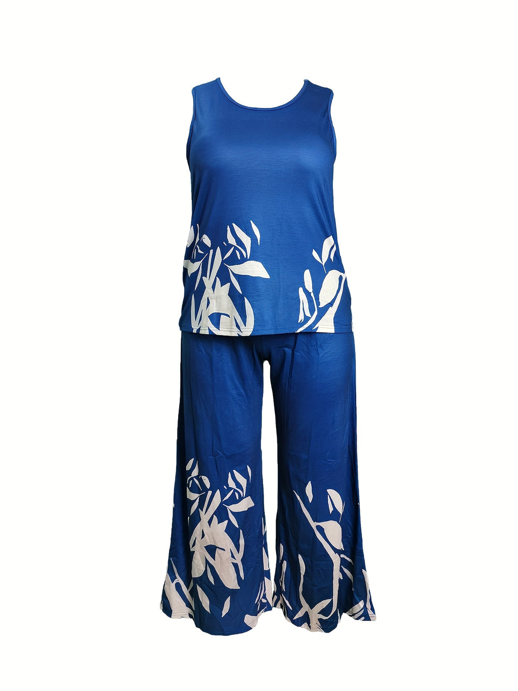 Plus Size Casual Outfits Two Piece Set, Women's Plus Colorblock Stripe Print Round Neck Slight Stretch Tank Top & Pants Outfits 2 Piece Set