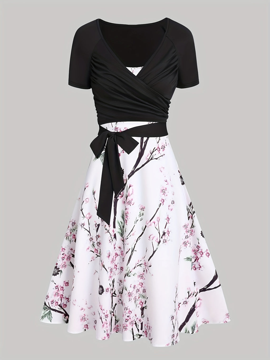 Two-Piece Elegance Set - Short Sleeve Surplice Neck Belted Top & Floral Print Flared Skirt Outfit with Comfortable Fabric, Adjustable Waist, and Chic Design - Women's Clothing for Formal Occasions