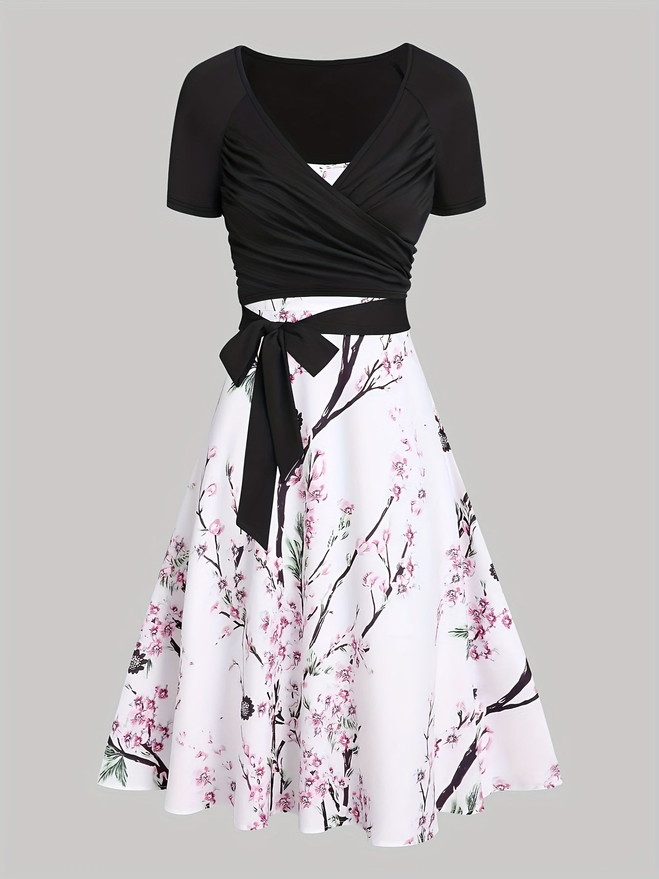 Two-Piece Elegance Set - Short Sleeve Surplice Neck Belted Top & Floral Print Flared Skirt Outfit with Comfortable Fabric, Adjustable Waist, and Chic Design - Women's Clothing for Formal Occasions