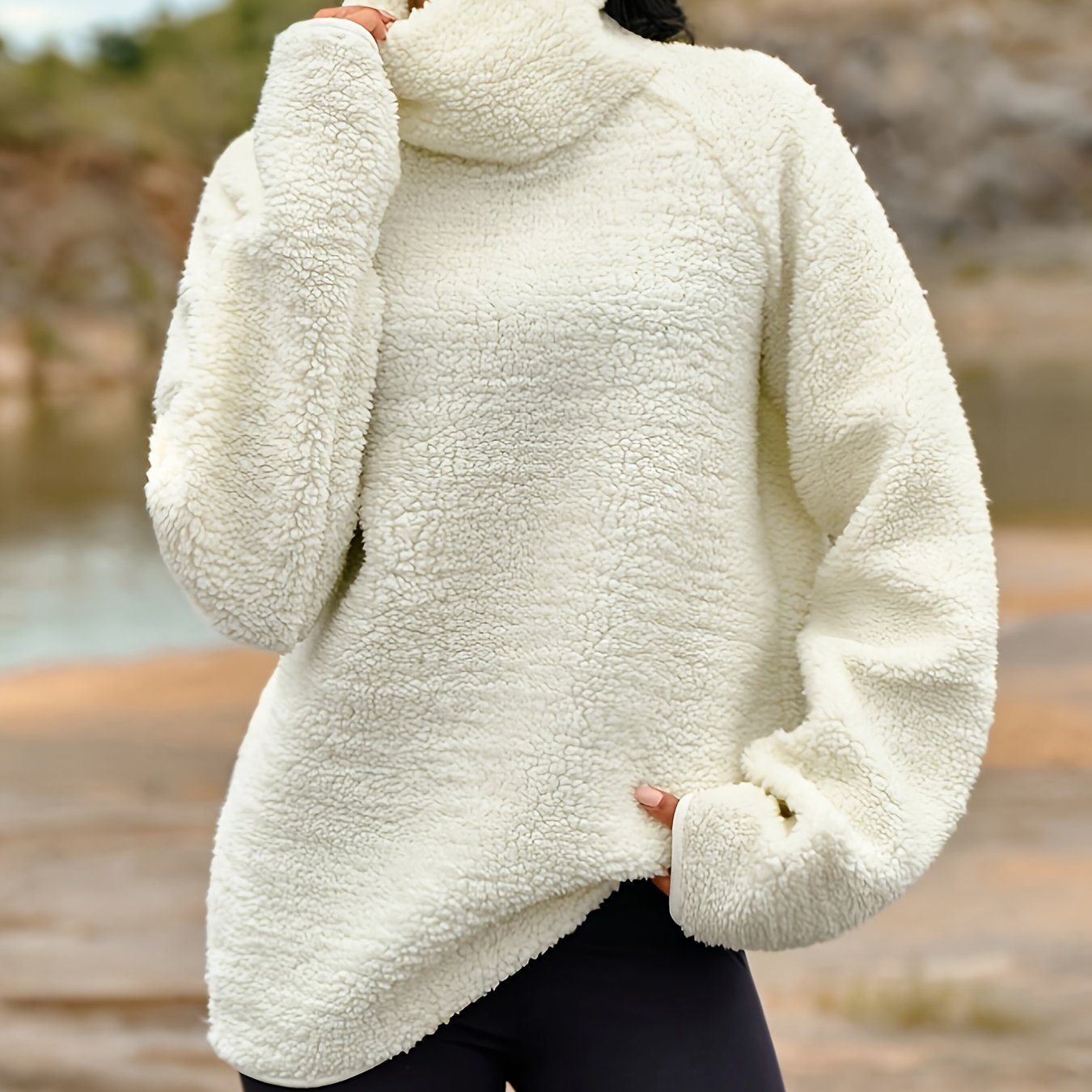 Women's Plush Winter Hoodie - Elegant High-Neck Sweater Jacket, Soft Warm Long Sleeve Pullover Coat, Machine Washable White Sweater for Fall & Winter, Casual to Formal Wear (No Bulk Collar), Winter Clothes For Women, Sweaters