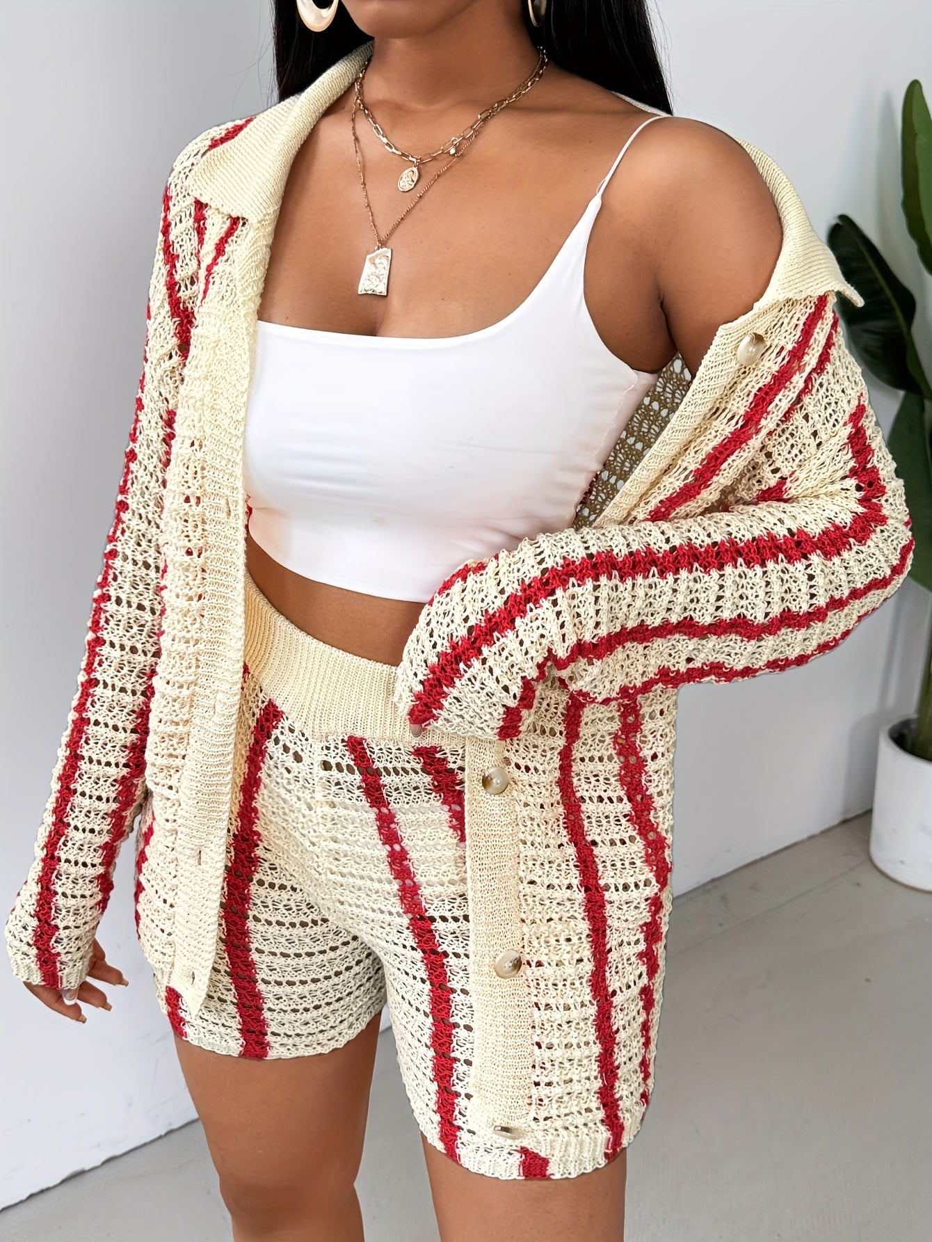 Two-Piece Color Block Knitted Pantsuit - Women's High Waist Shorts Outfits with Button Front Long Sleeve Top and Comfortable Fit