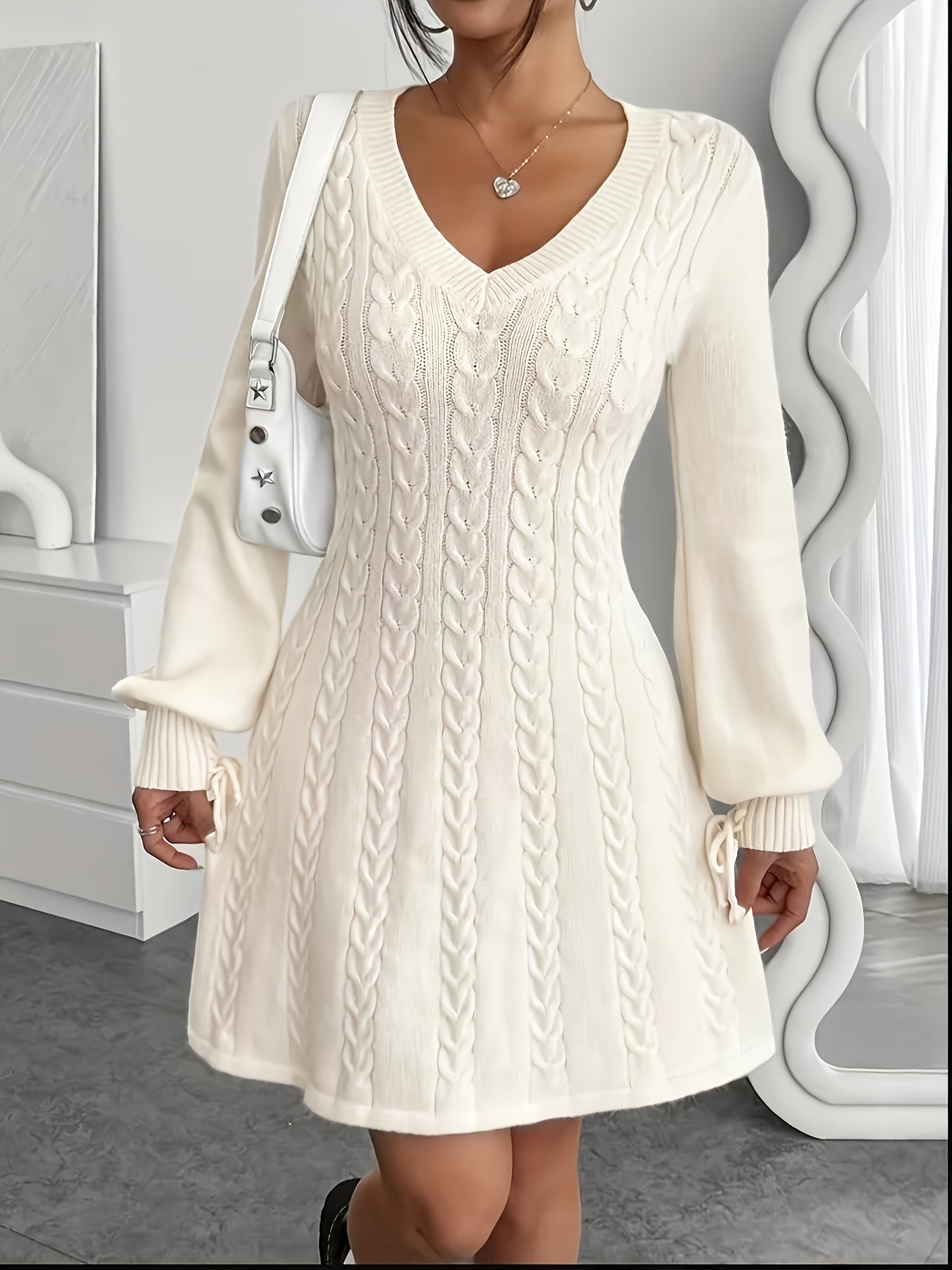 Plus Size, Plus Size Women's Elegant Cable- Dress - V-Neck A-Line Midi Length with Puff Sleeve & Voluminous Hem, Voluminous Dress for Curvy (200+ lbs) - Wedding Guest, Party, Casual Attire - All-Season White Sweater Dress, Dr