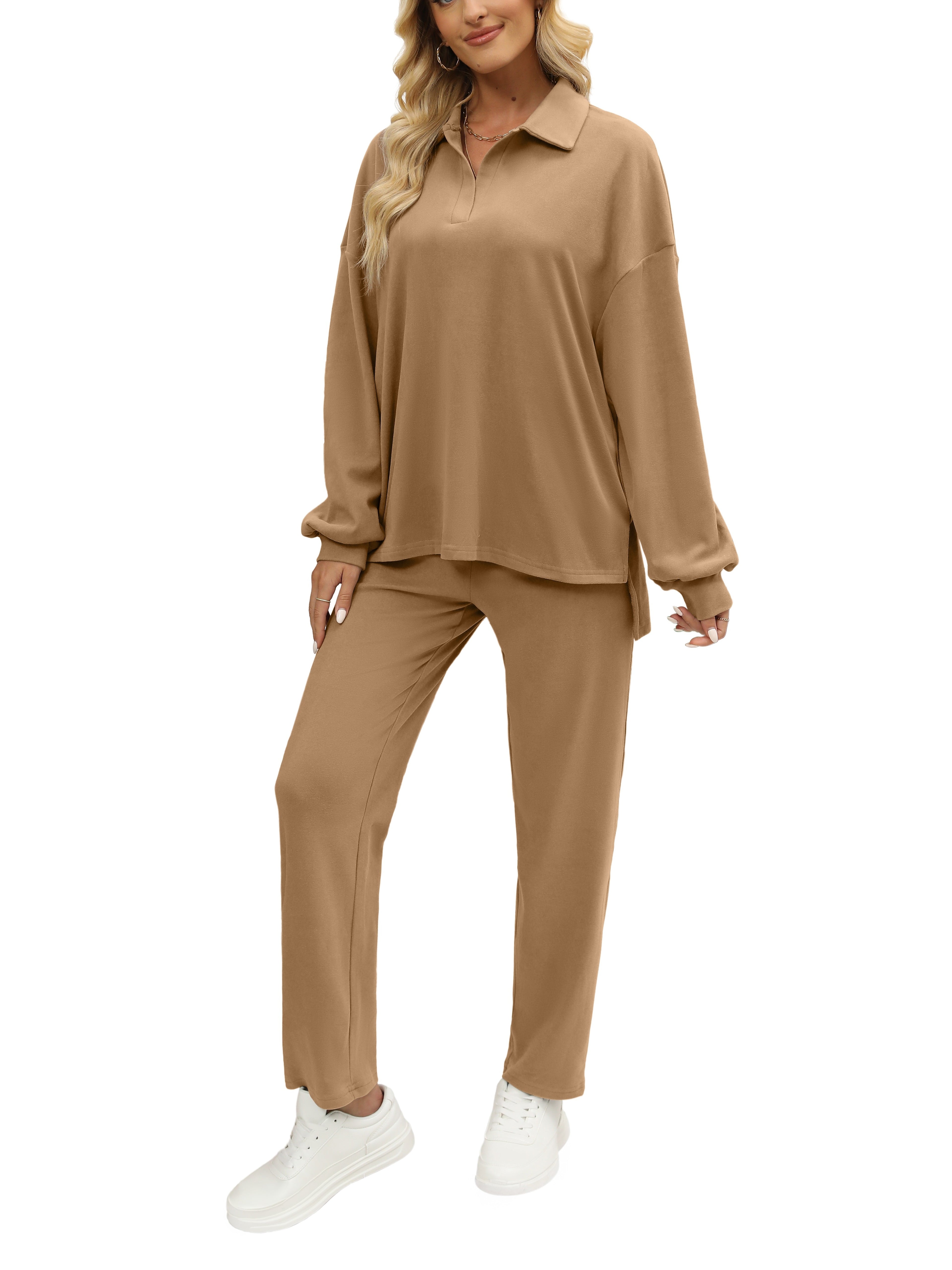 Two Pieces Outfits For Women Oversized Side Slit Sweatshirts&Comfortable Long Pants Sweatsuits