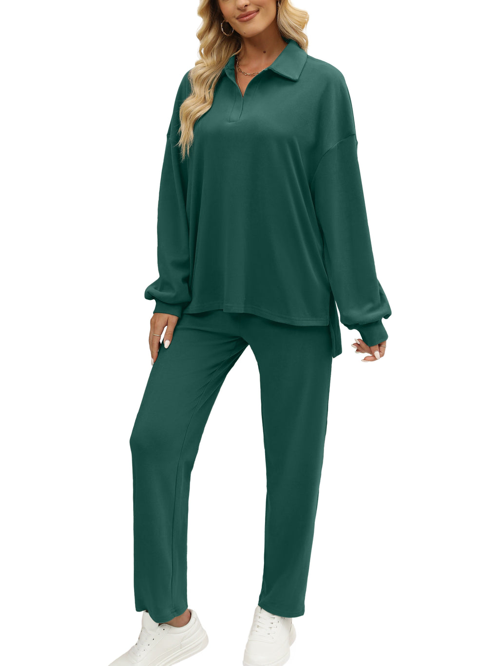 Two Pieces Outfits For Women Oversized Side Slit Sweatshirts&Comfortable Long Pants Sweatsuits
