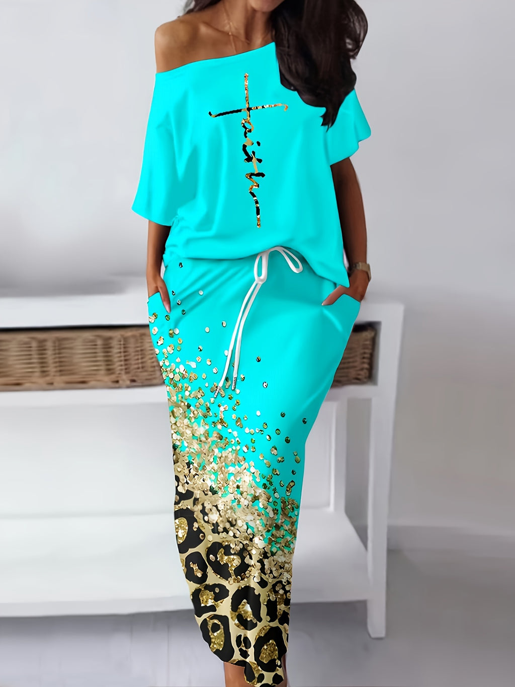 Casual Two-piece Skirt Set, Letter Print Top & Leopard Print Drawstring Pockets Skirt Outfits, Women's Clothing