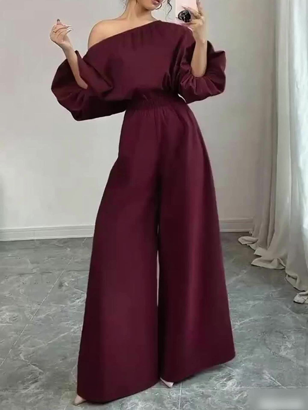 Women's Elegant Navy Blue Elegant Two-Piece Set - Structured One-Shoulder Bubble Sleeve Top & High-Waisted Wide-Leg Pants, Solid Color Winter Outfit with Puffed Sleeves, Machine Washable Formal & Everyday Winter Attire for Fa