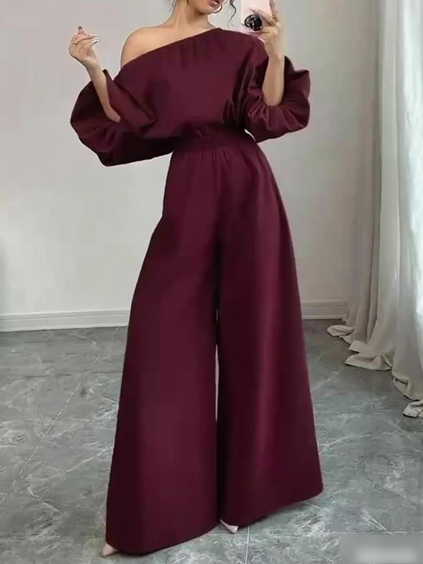 Women's Elegant Navy Blue Elegant Two-Piece Set - Structured One-Shoulder Bubble Sleeve Top & High-Waisted Wide-Leg Pants, Solid Color Winter Outfit with Puffed Sleeves, Machine Washable Formal & Everyday Winter Attire for Fa