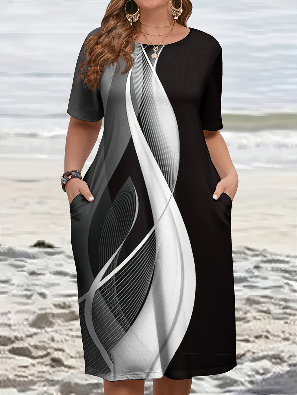 Plus Size, Women's Plus Size Oversized Black & White Striped Dress with Pockets - A-Line Short Sleeve Round Neck Casual Maxi Dress, All-Season Tunic for Beach Vacation, Casual Attire & Layering (Vertical Stripes, Machine Wash