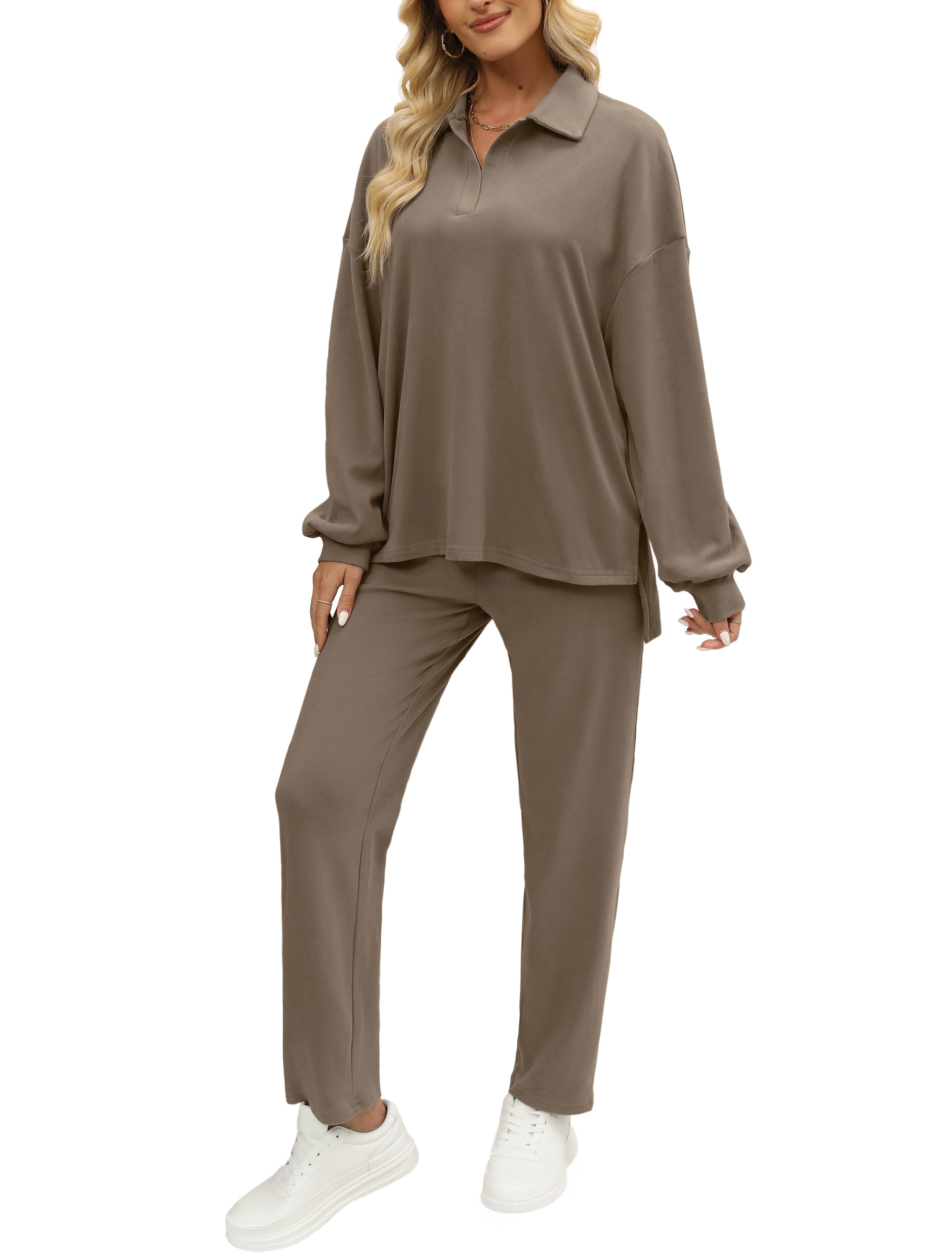 Two Pieces Outfits For Women Oversized Side Slit Sweatshirts&Comfortable Long Pants Sweatsuits