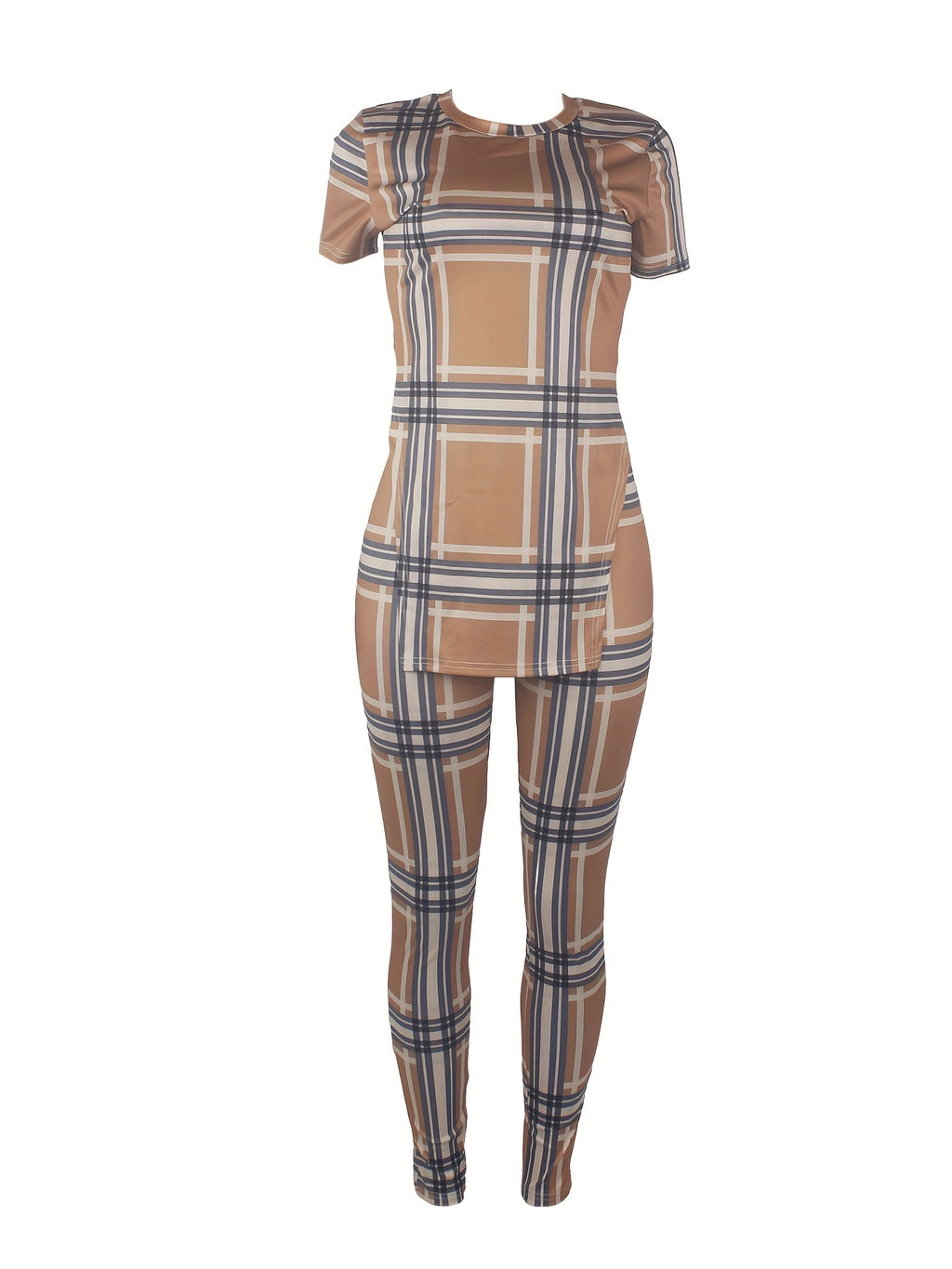 Plaid Print Casual Two-piece Set, Side Split Short Sleeve Top & Slim Pants Outfits, Women's Clothing