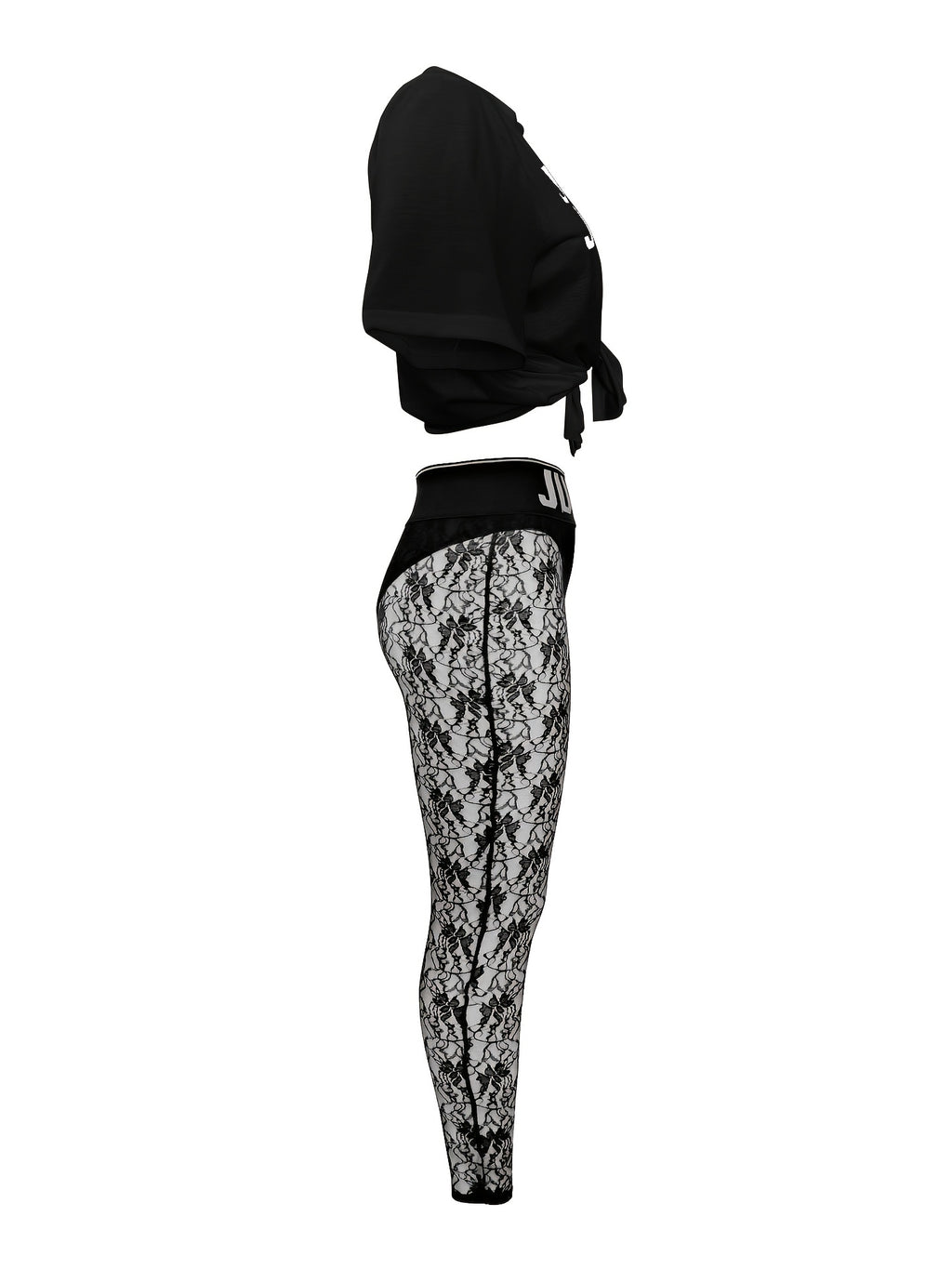 Two-Piece Hourglass Figure Flattering Set - Short Sleeve Crop Top & High Waist Semi-Sheer Lace Pants Outfit with Applique Details, Micro Elasticity, and Positioning Printing - Perfect for Spring/Summer Vacation