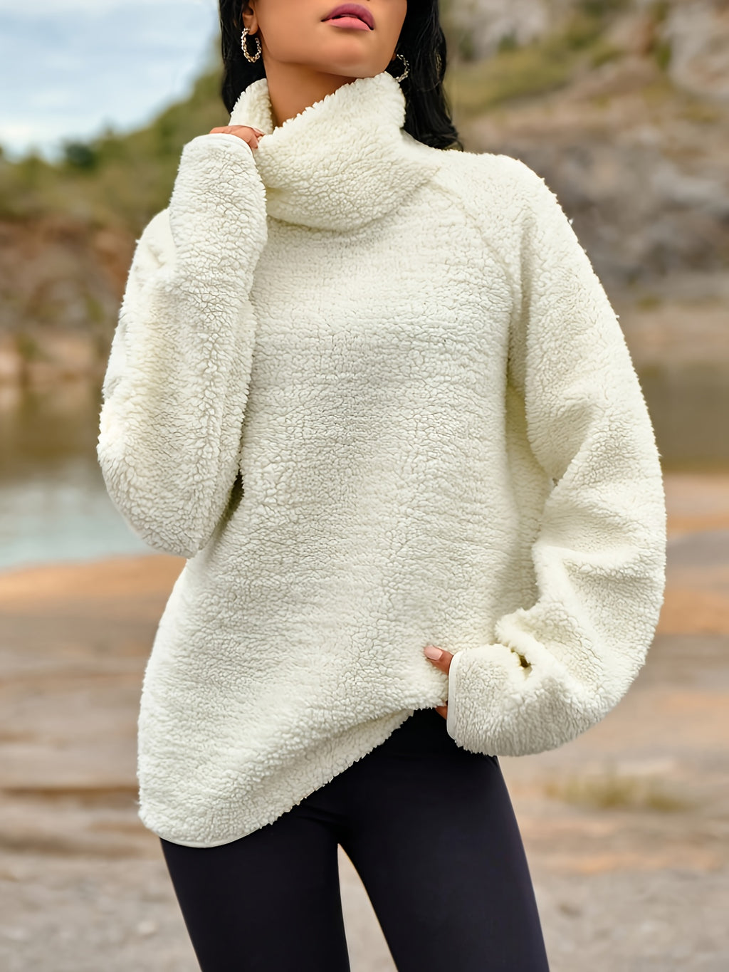 Women's Plush Winter Hoodie - Elegant High-Neck Sweater Jacket, Soft Warm Long Sleeve Pullover Coat, Machine Washable White Sweater for Fall & Winter, Casual to Formal Wear (No Bulk Collar), Winter Clothes For Women, Sweaters