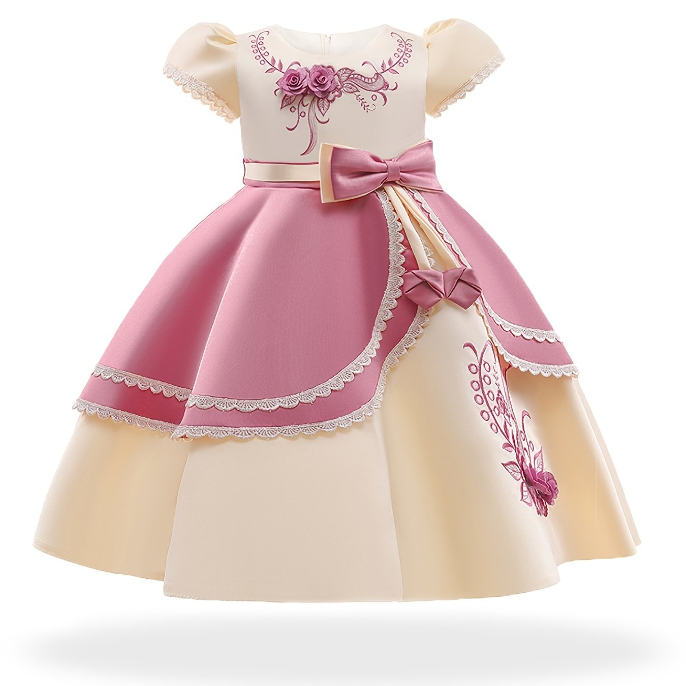 Girls Princess Dress Short Sleeve Embroidered Flower Bow Lace Dress Performance Dress Wedding Flower Girls For Evening Birthday Party Kids Clothes