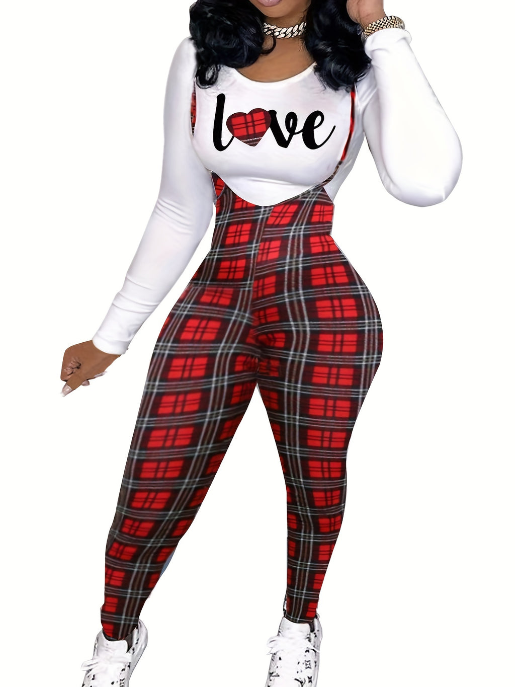 two-piece Houndstooth Print Long Sleeve T-Shirt & Cami Jumpsuit Set, Women's Casual Outfit