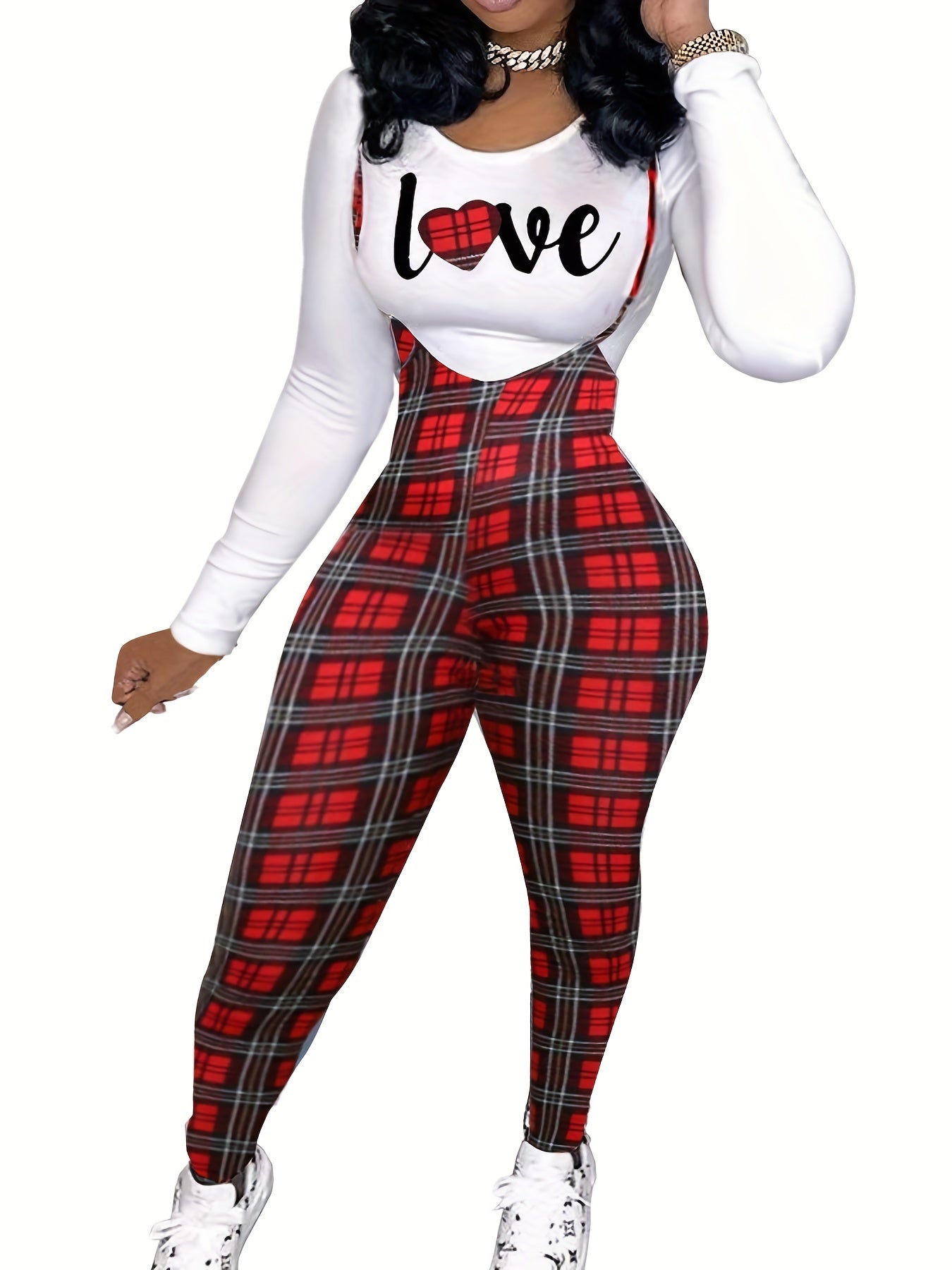 two-piece Houndstooth Print Long Sleeve T-Shirt & Cami Jumpsuit Set, Women's Casual Outfit