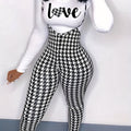 two-piece Houndstooth Print Long Sleeve T-Shirt & Cami Jumpsuit Set, Women's Casual Outfit