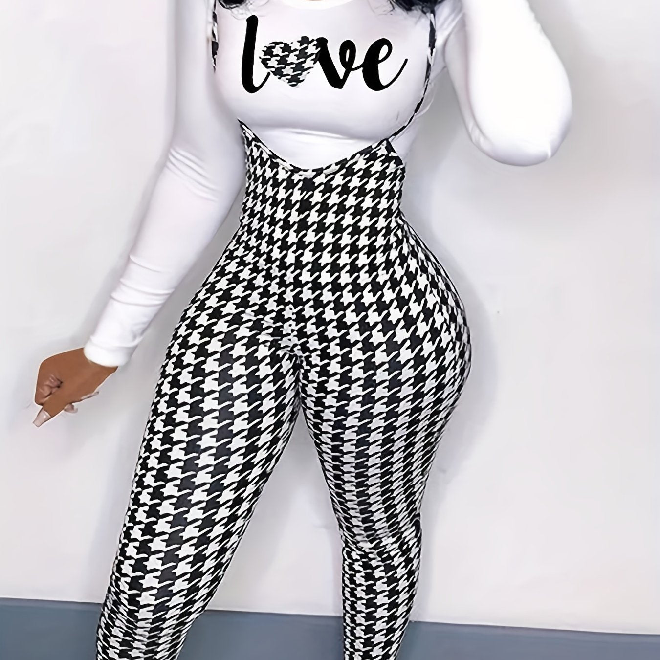 two-piece Houndstooth Print Long Sleeve T-Shirt & Cami Jumpsuit Set, Women's Casual Outfit