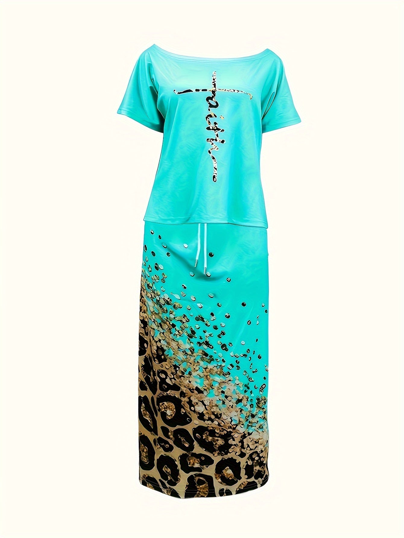 Casual Two-piece Skirt Set, Letter Print Top & Leopard Print Drawstring Pockets Skirt Outfits, Women's Clothing
