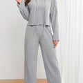 Two-piece Set, Casual Solid Ribbed Drawstring Long Sleeve Hoodie & Wide Leg Pants Outfits for Women