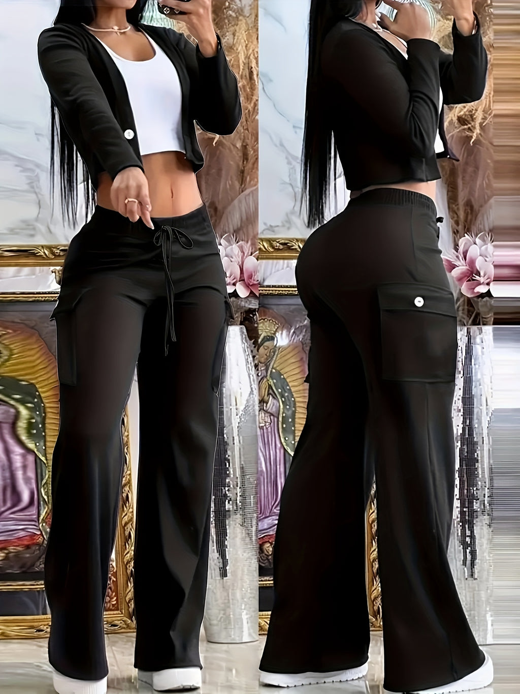Two Piece Outfits For Women Black Casual Cardigan & Pants Set - Women'S | Polyester Blend, V-Neck, Button-Up, Fall & Winter Casual Wear, Casual Wear|Trendy Casualwear