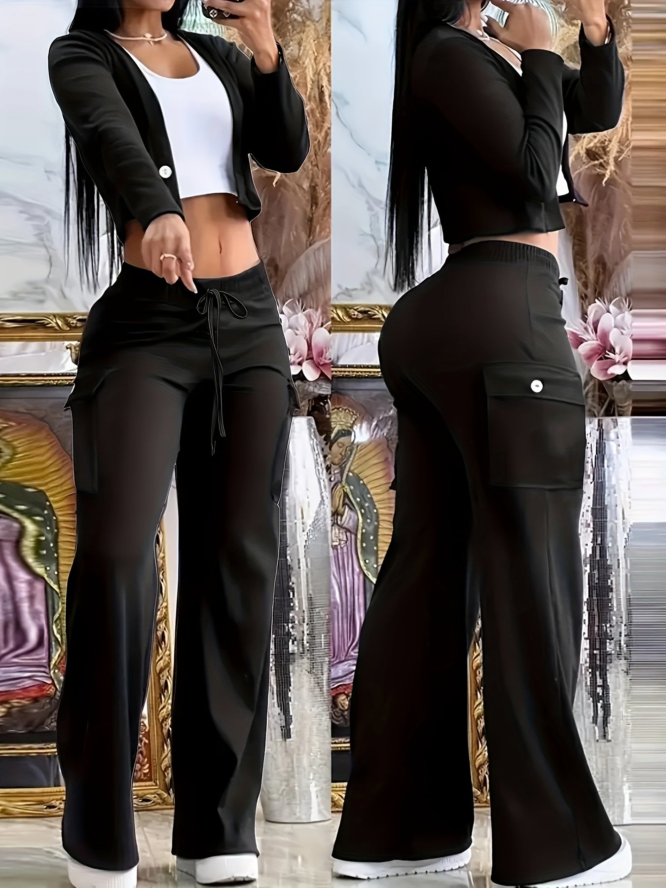 Two Piece Outfits For Women Black Casual Cardigan & Pants Set - Women'S | Polyester Blend, V-Neck, Button-Up, Fall & Winter Casual Wear, Casual Wear|Trendy Casualwear