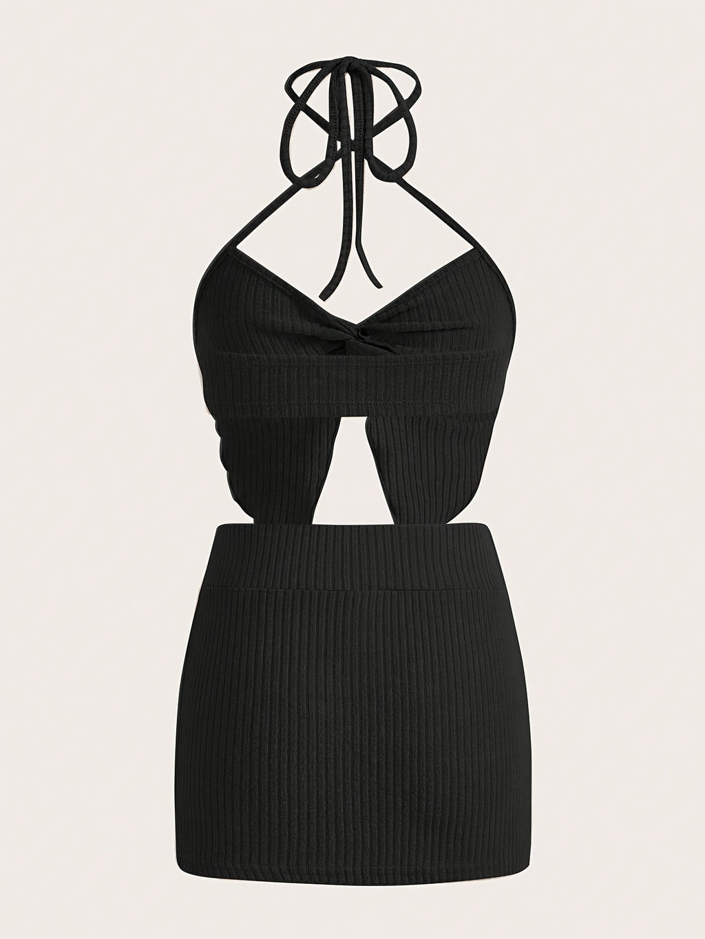 Two-piece Solid Slim Y2K Skirt Set, High Waist Ribbed Skirt & Twist Halter Crop Cami Top Outfits for Women