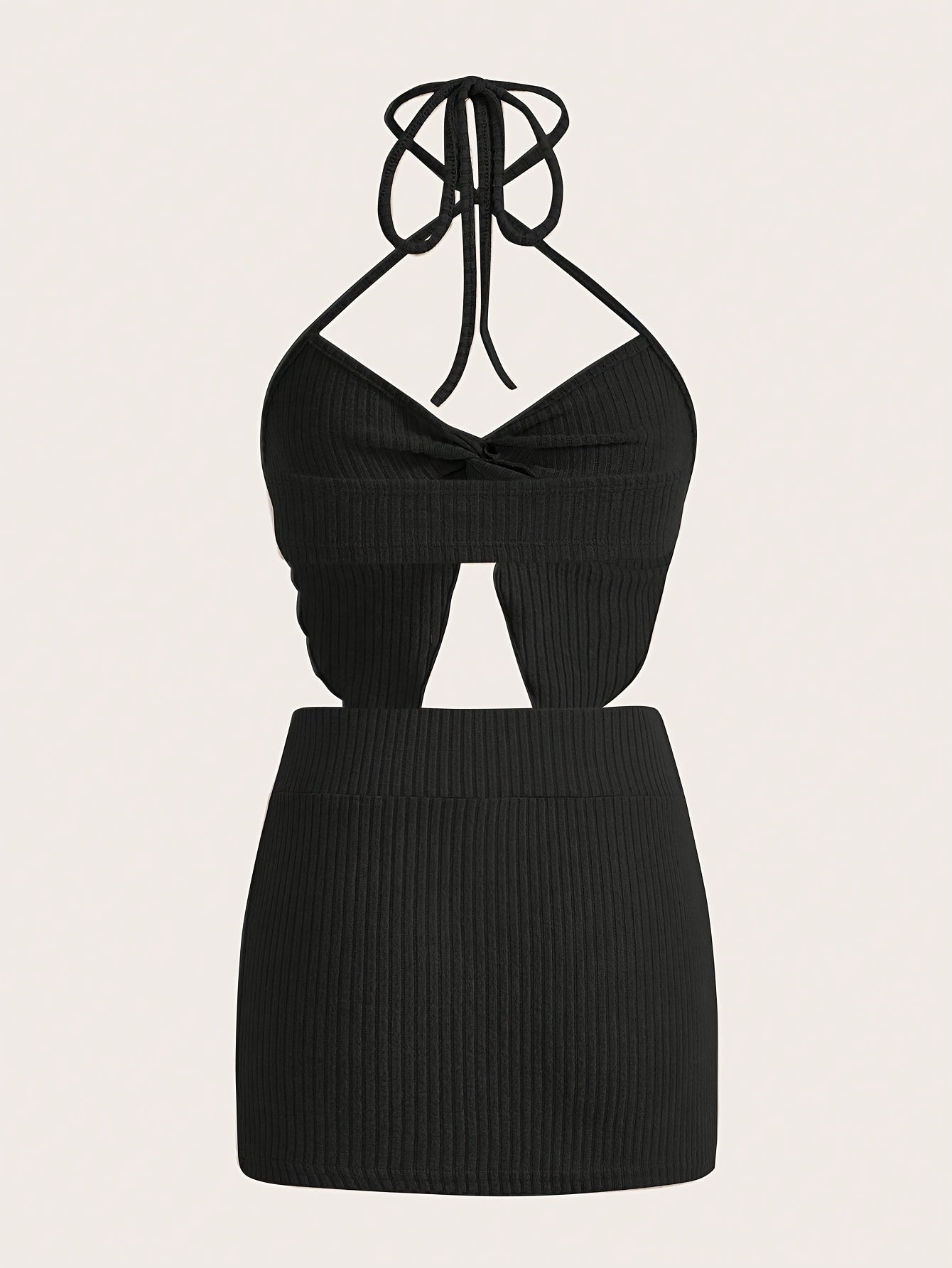 Two-piece Solid Slim Y2K Skirt Set, High Waist Ribbed Skirt & Twist Halter Crop Cami Top Outfits for Women