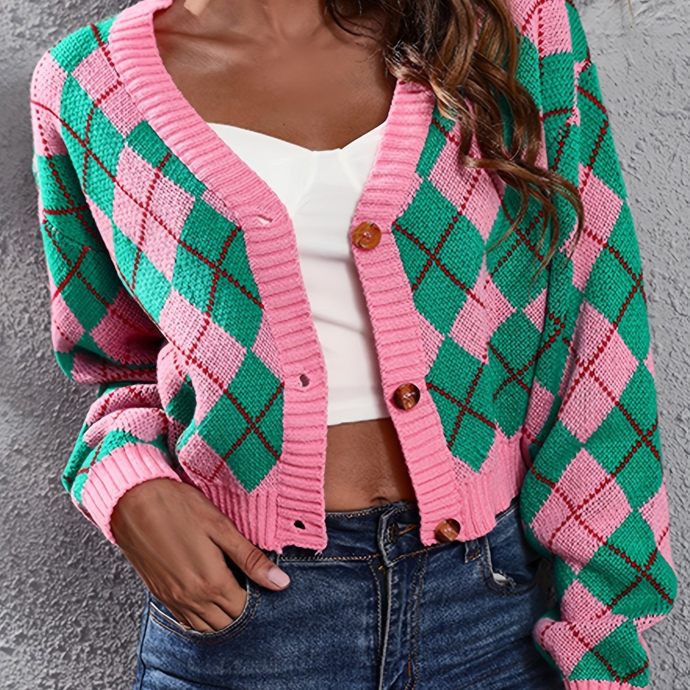 Women'S Elegant Tartan Knit Cardigan, V-Neck Short Length Sweater with Button Detail, Acrylic 100% Long Sleeve Knitwear for Fall/Winter