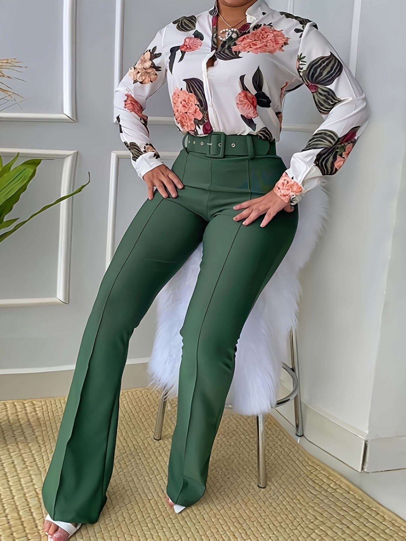 Women'S Casual Floral Print Two-Piece Set - Long Sleeve Blouse with Ruffle Detail, Wide-Leg Pants, and White Heels, All-Season Stylish Outfit, Casual Attire | Floral Print Top | Ruffle Detail Top, Ladies Casual Wear