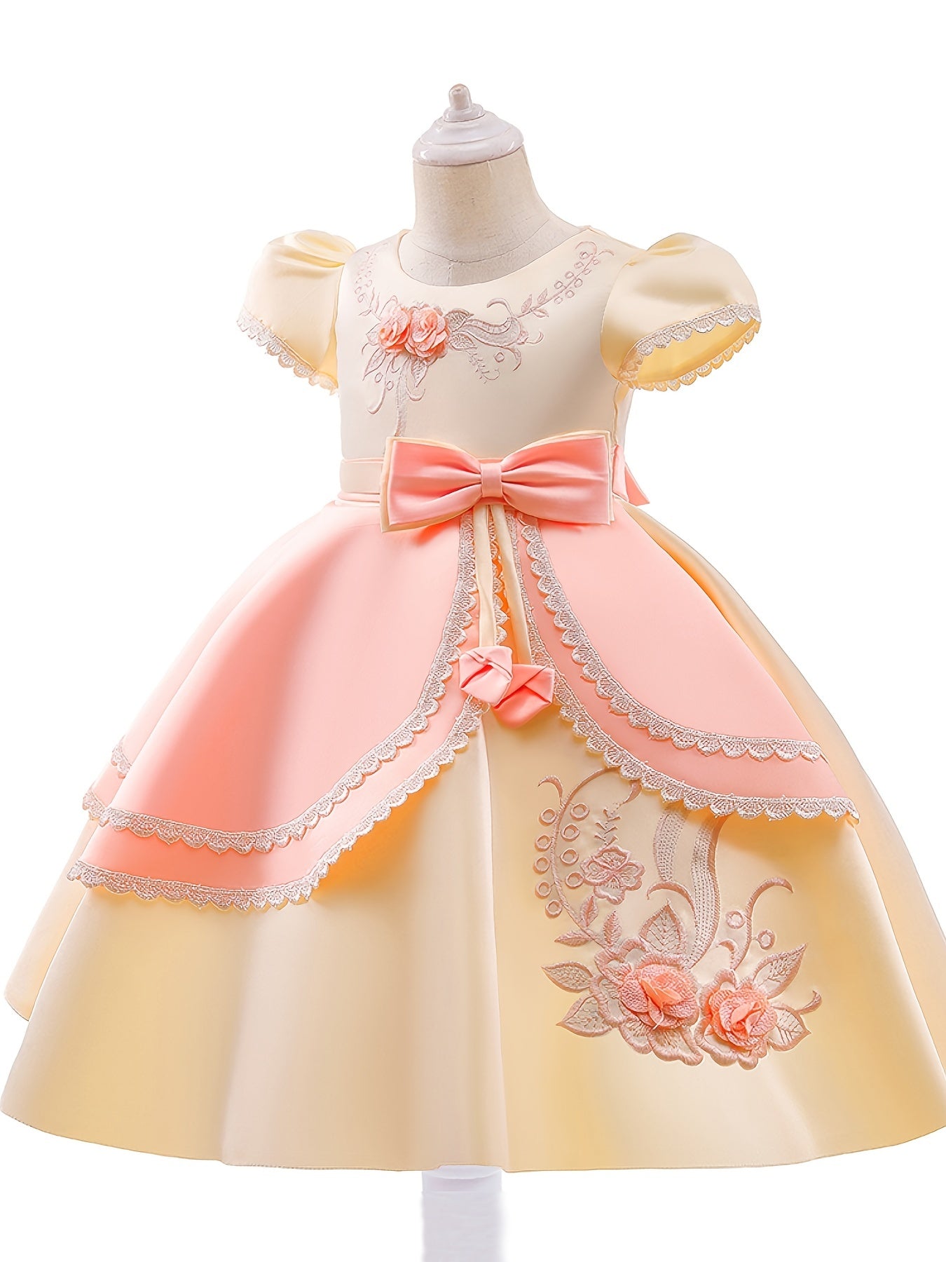 Girls Princess Dress Short Sleeve Embroidered Flower Bow Lace Dress Performance Dress Wedding Flower Girls For Evening Birthday Party Kids Clothes
