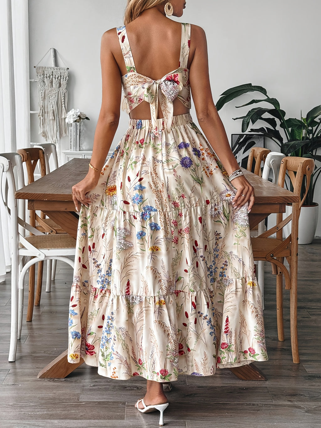Women'S Floral Print Sleeveless A-Line Dress - Elegant Square Neck Summer Dress with Back Bow Detail, Blue & White Floral Print, Lightweight Breathable Fabric for Casual, Office & Vacation Wear, Casual Summer Dresses, Flowy F