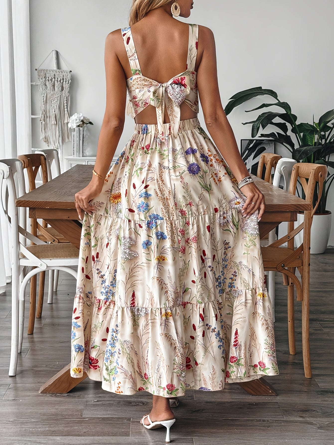 Women'S Floral Print Sleeveless A-Line Dress - Elegant Square Neck Summer Dress with Back Bow Detail, Blue & White Floral Print, Lightweight Breathable Fabric for Casual, Office & Vacation Wear, Casual Summer Dresses, Flowy F