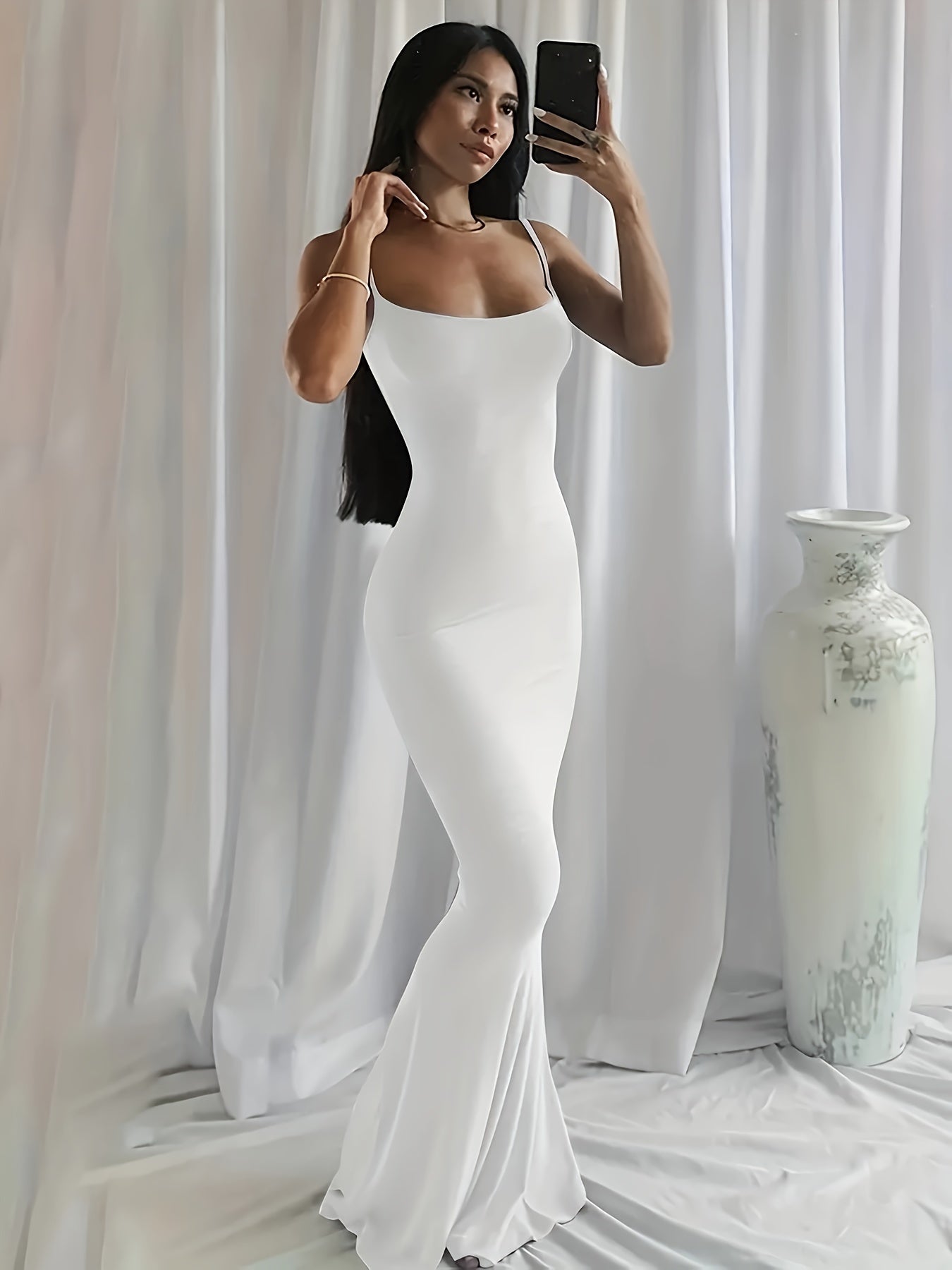 [Elegant Dress] Elegant Bodycon Maxi Mermaid Dress | Solid Slip Lounge Dresses, Scoop Neck, Women's Loungewear & Dresses