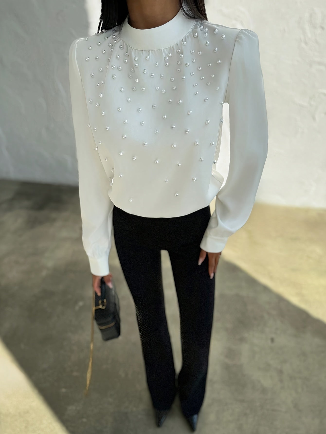 Women's Elegant -Adorned Collar Blouse - Long Sleeve White Shirt with Bead Button Front, Structured Stand Collar & Machine Washable Jacket-like Top for Weddings, Office, Parties (Spring/Fall) - Non-Stretch Adult Clothing, Blo