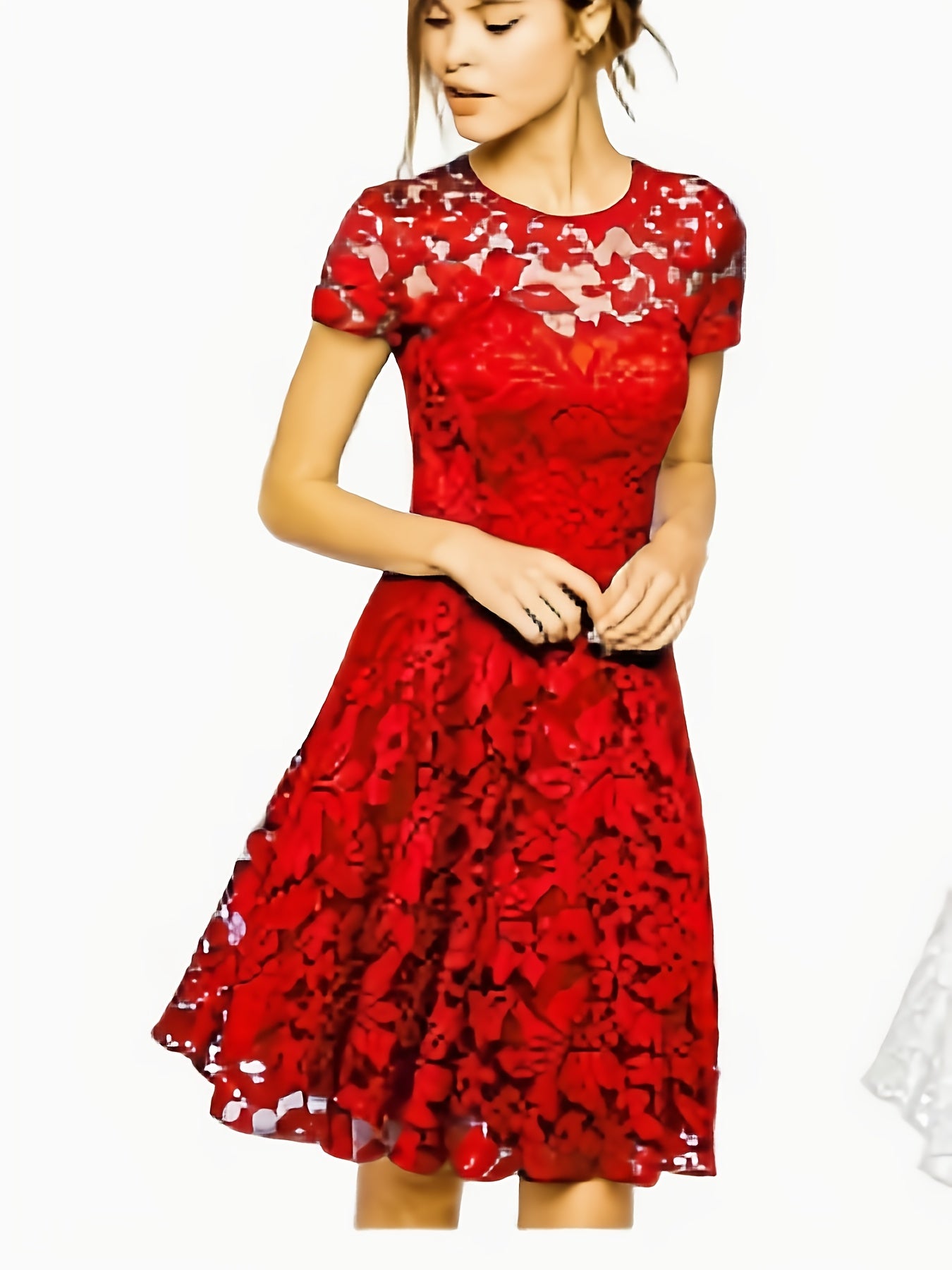 A-Line Dress with Floral Design - Short Sleeve Summer Dress Featuring a Crew Neck And Semi-Sheer Lace, Perfect for Beach Trips And Casual Chic Looks, Adorable Summer Dresses with a Soft Fabric.