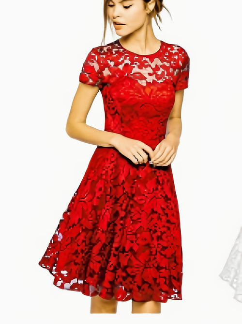 A-Line Dress with Floral Design - Short Sleeve Summer Dress Featuring a Crew Neck And Semi-Sheer Lace, Perfect for Beach Trips And Casual Chic Looks, Adorable Summer Dresses with a Soft Fabric.