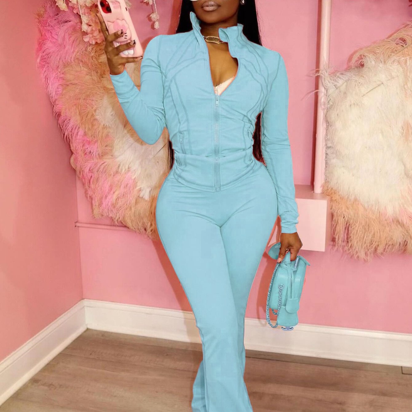 Spring and summer new s leisure Women's clothing sexy tight long-sleeved bell two-piece set, Cute Outfits For Women, Trendy Clothes For Women