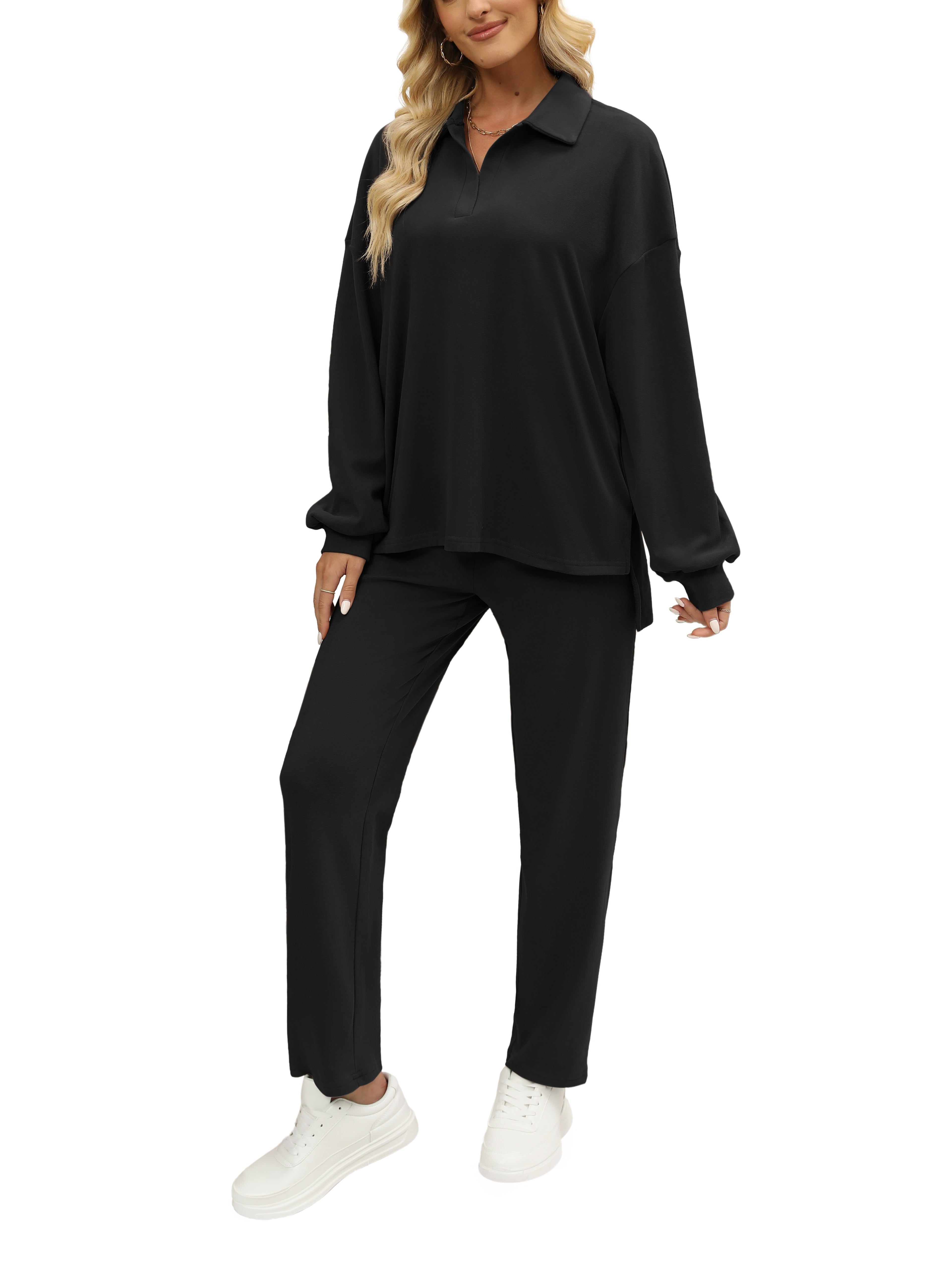 Two Pieces Outfits For Women Oversized Side Slit Sweatshirts&Comfortable Long Pants Sweatsuits