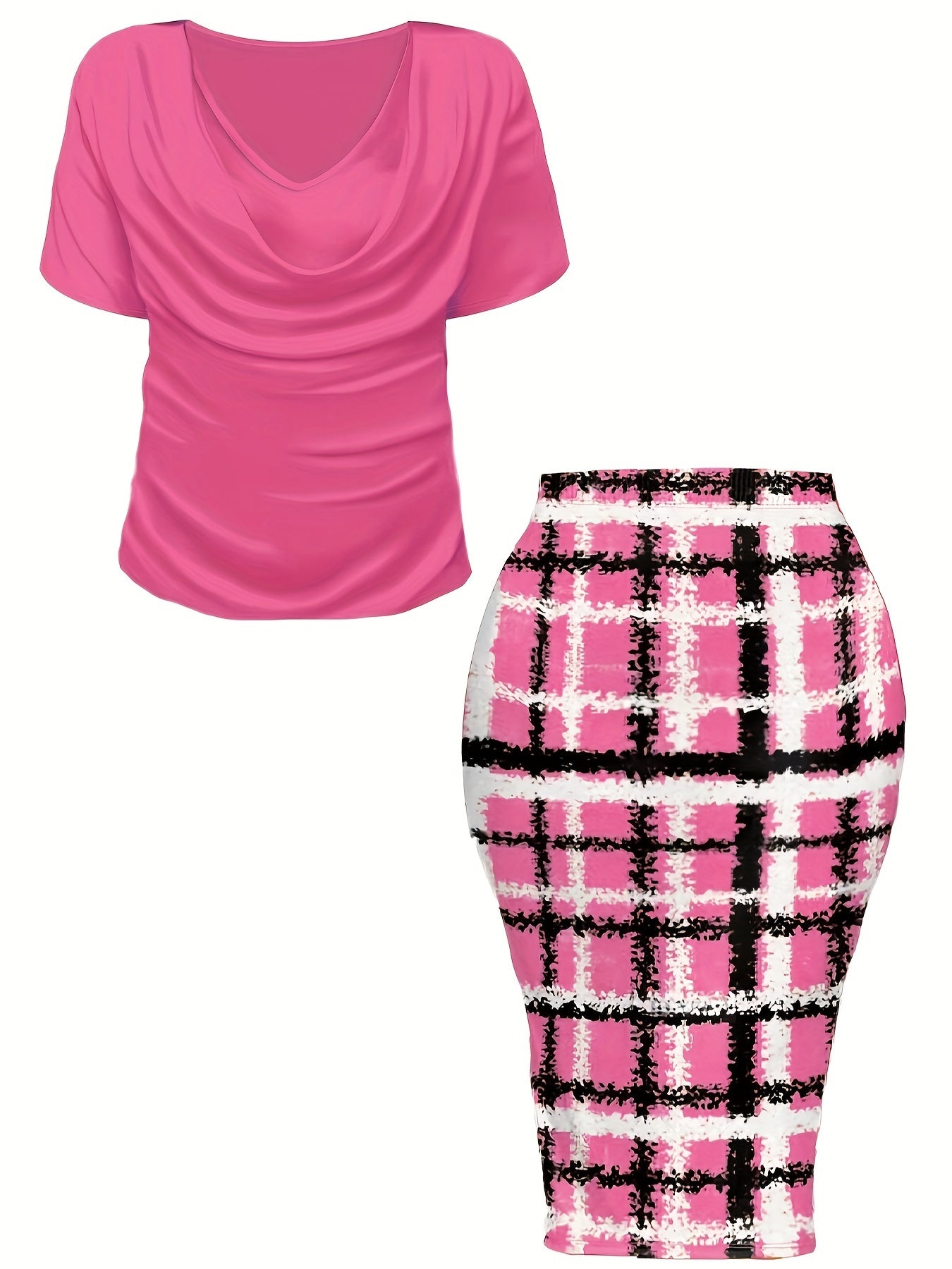 Women's Plus Size Plaid Print Two-piece Set, Cowl Neck Short Sleeve Top & Skirt Outfits -  For Women Size 14-24 - Casual & Stylish - Perfect for Fall/Winter - Great Gift for Fashionable Women