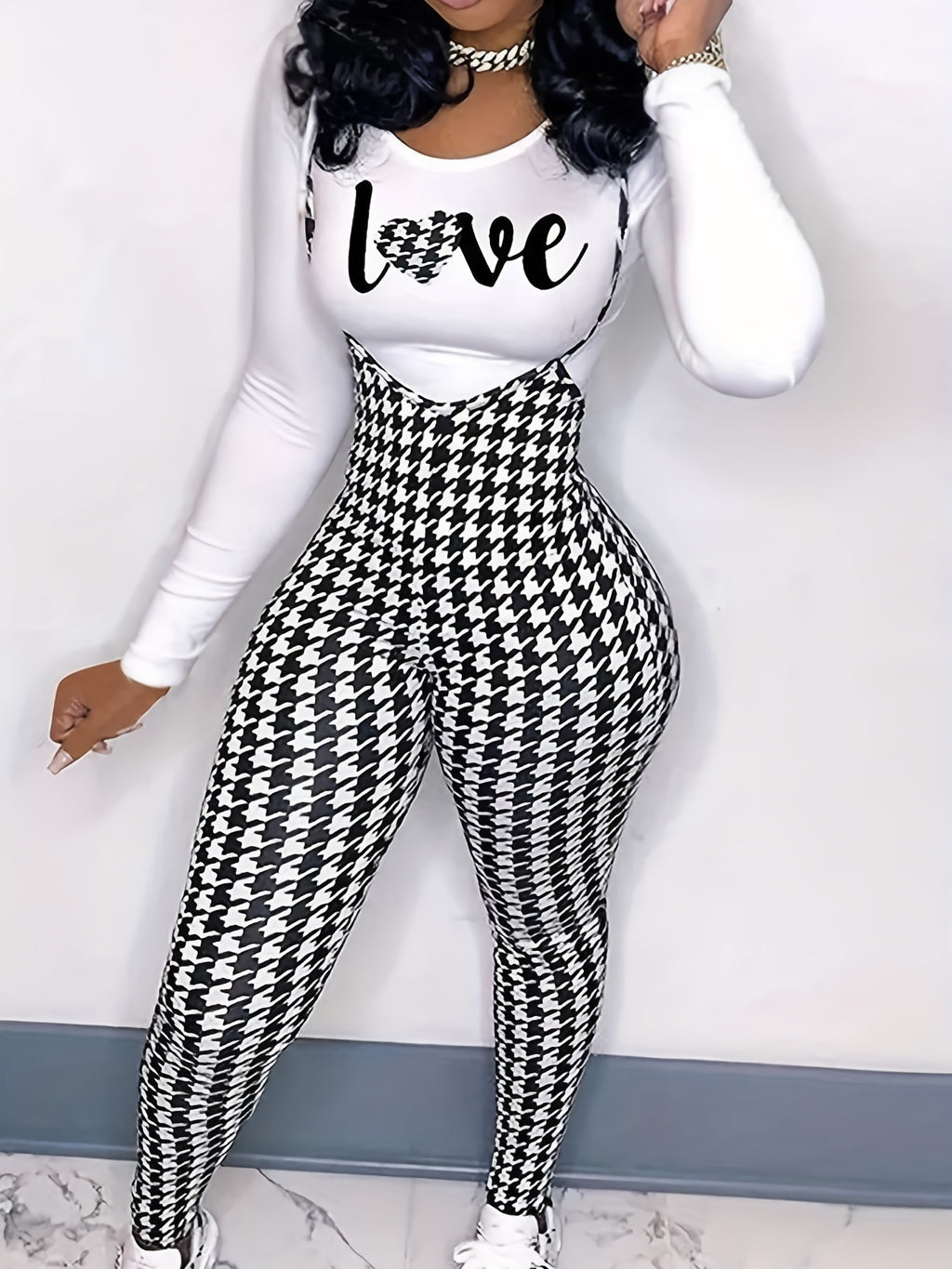 two-piece Houndstooth Print Long Sleeve T-Shirt & Cami Jumpsuit Set, Women's Casual Outfit