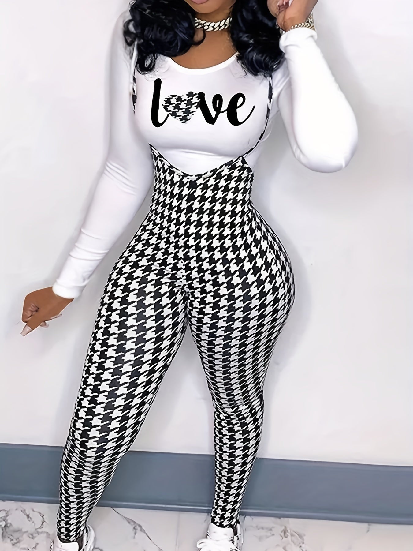 two-piece Houndstooth Print Long Sleeve T-Shirt & Cami Jumpsuit Set, Women's Casual Outfit