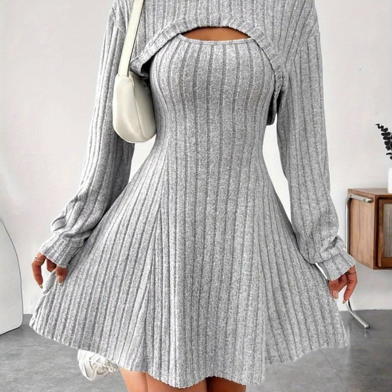 Women'S Elegant Two-Piece Set Dresses - Chic Long-Sleeve V-Neck Top & High-Waisted Short Skirt, Solid Color, All-Season Fashion, Casual Attire|Vneck Top|Stretchy Fabric, Ladies Dresses