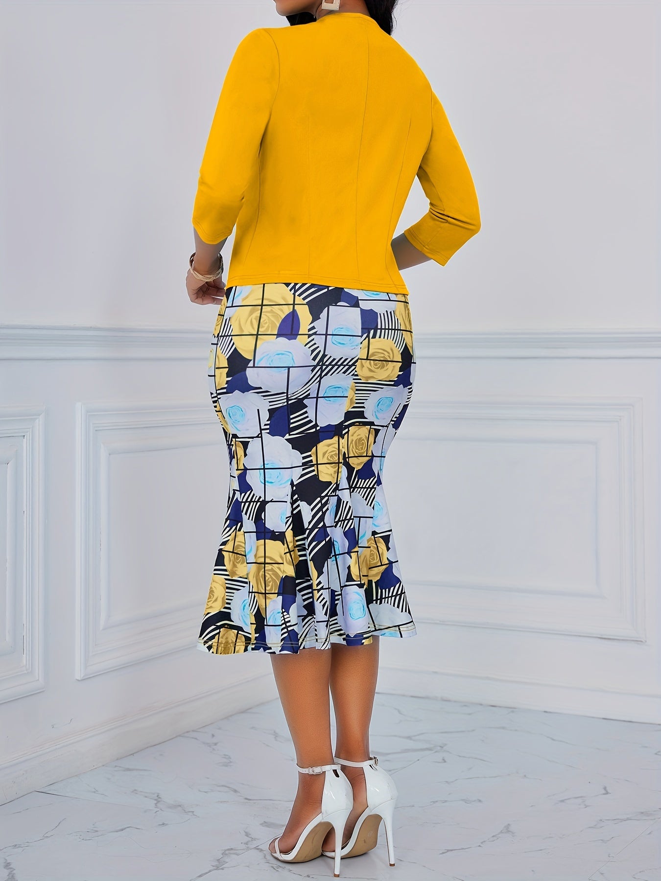 Elegant Spring Dress Set - Solid Color Open Front Outerwear & Floral Print Crew Neck Sleeveless Mermaid Dress Outfits - For Women - Perfect for Spring & Summer - Ideal Gift for Women