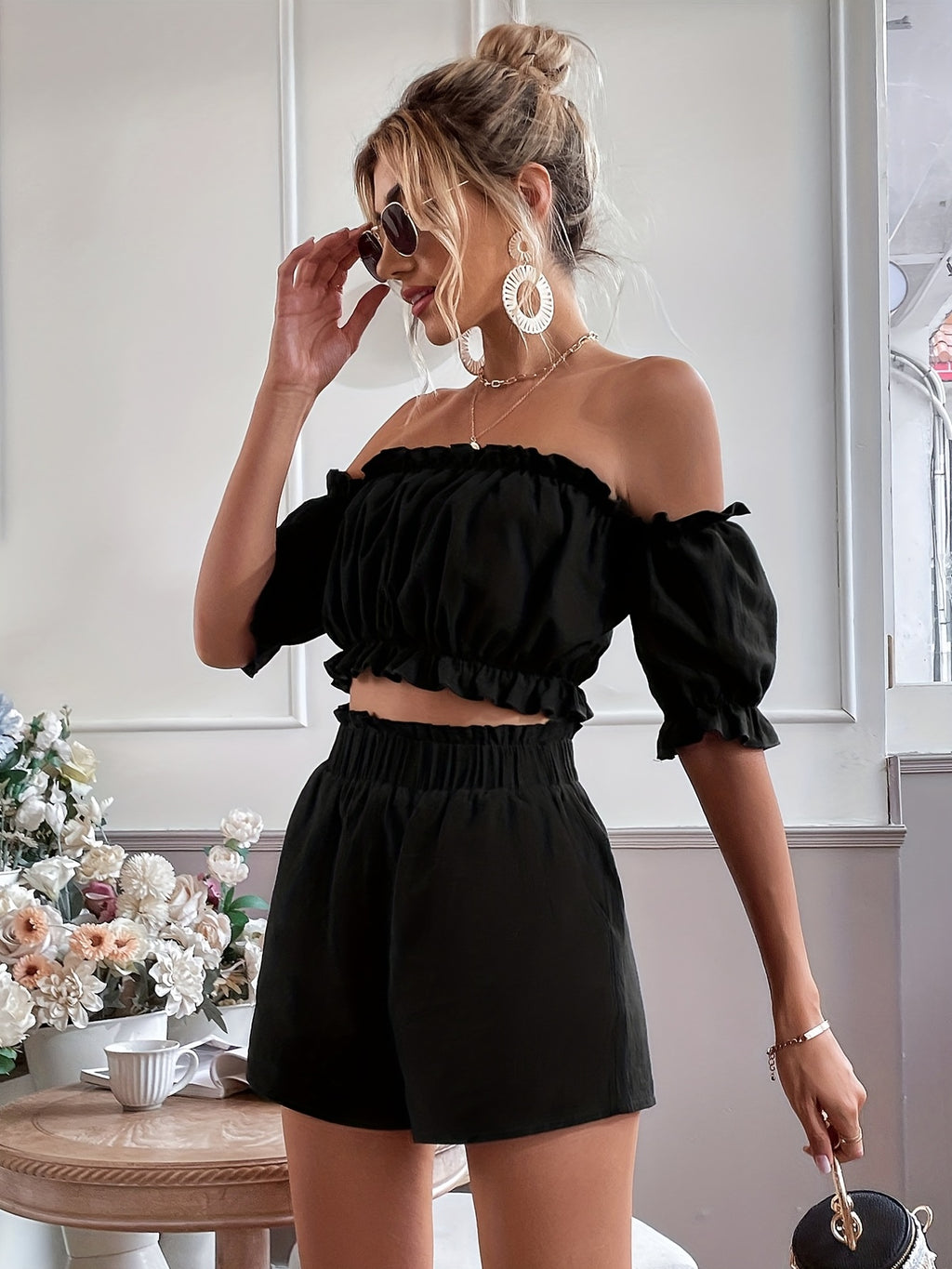 Flirty Ruffle Trim Two-piece Outfit Set - Casual Solid Crop Top & High Waist Shorts - Perfect for Summer Wear - Womens Fashion Clothing