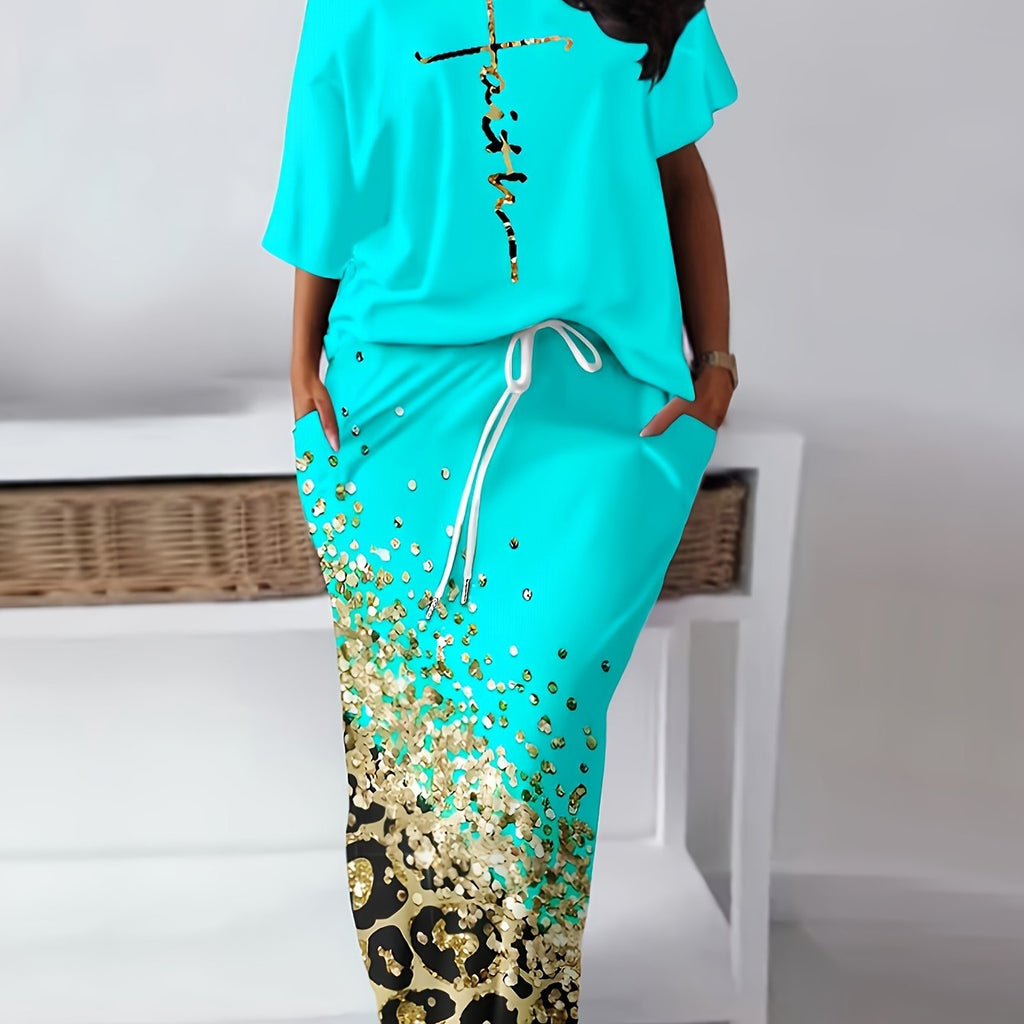 Casual Two-piece Skirt Set, Letter Print Top & Leopard Print Drawstring Pockets Skirt Outfits, Women's Clothing