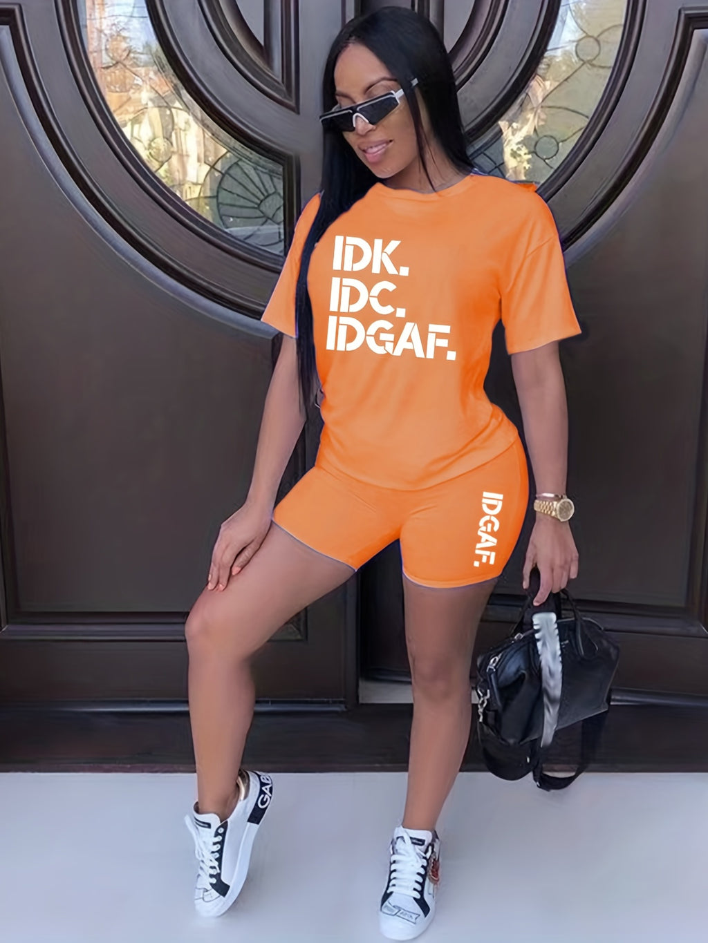 Letter Print Matching Two-piece Set, Casual Short Sleeve T-shirt & Biker Shorts Outfits, Women's Clothing