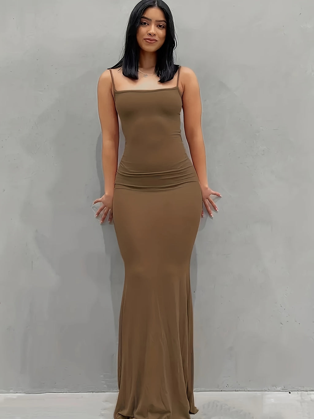 [Elegant Dress] Elegant Bodycon Maxi Mermaid Dress | Solid Slip Lounge Dresses, Scoop Neck, Women's Loungewear & Dresses