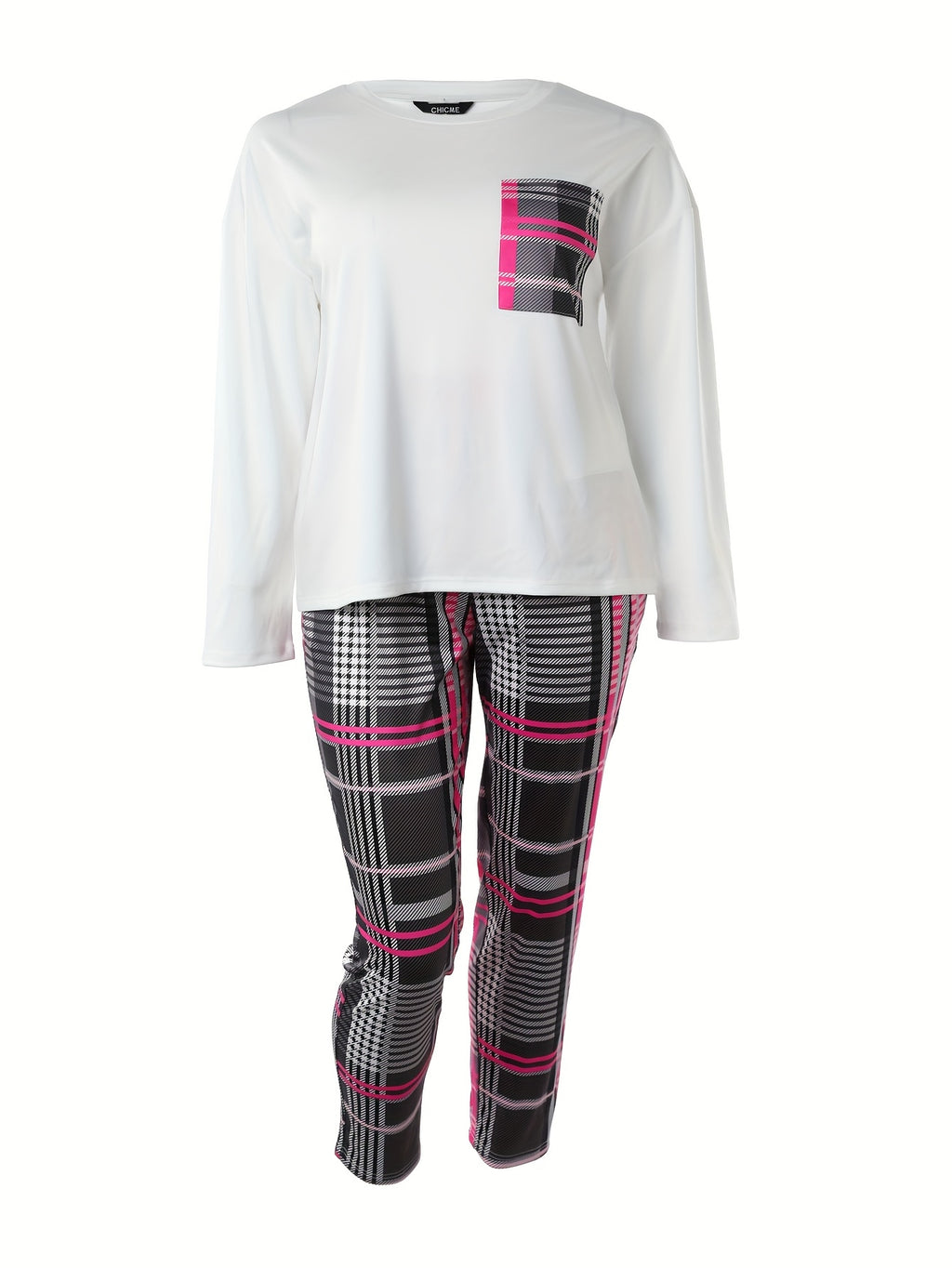 Plus Size Casual Outfits Set, Women's Plus Plaid Print Long Sleeve Round Neck Top & Pocketed Pants Outfits Two Piece Set