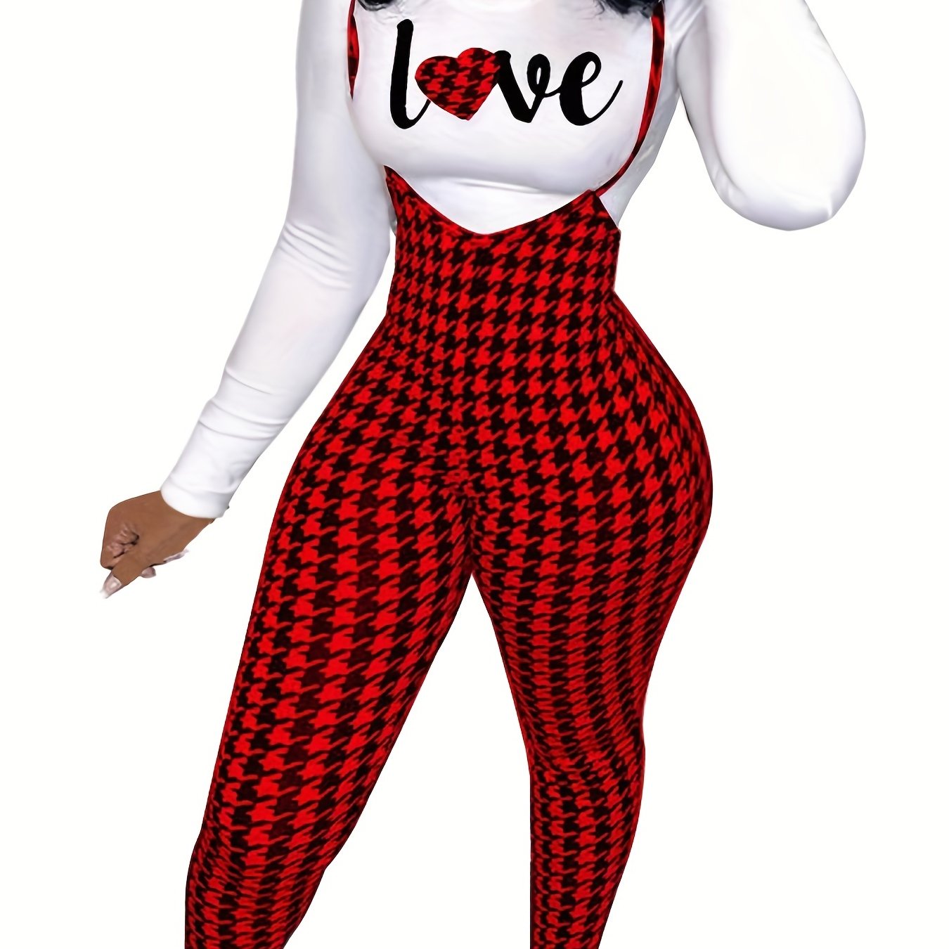 two-piece Houndstooth Print Long Sleeve T-Shirt & Cami Jumpsuit Set, Women's Casual Outfit
