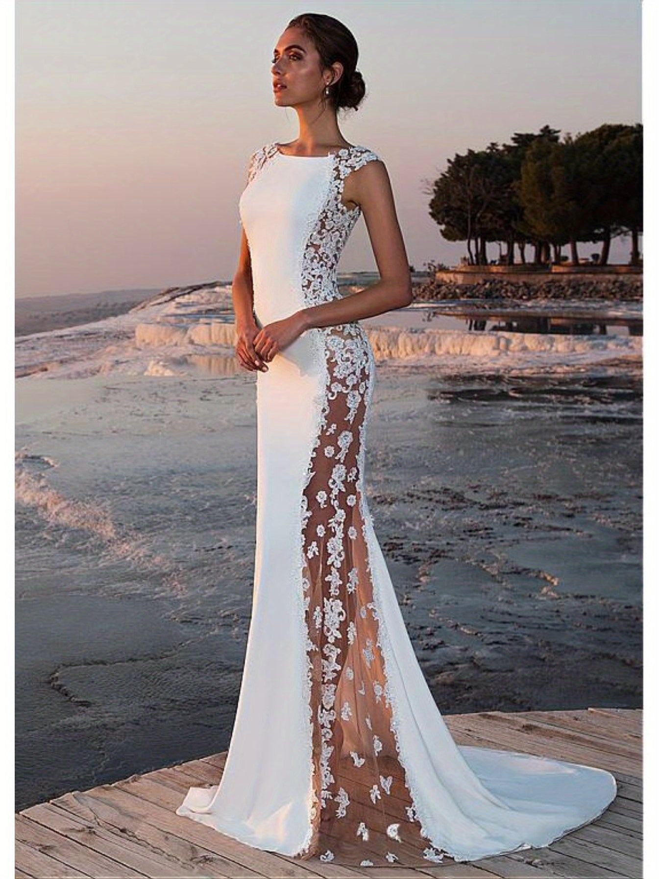 Elegant Women'S Evening Lace Splicing Hollow Extra Long Dresses Sleeveless Waisted Hip Trailing Wedding Evening Dating Vacation Essential Out Fantastic Women'S Dresses